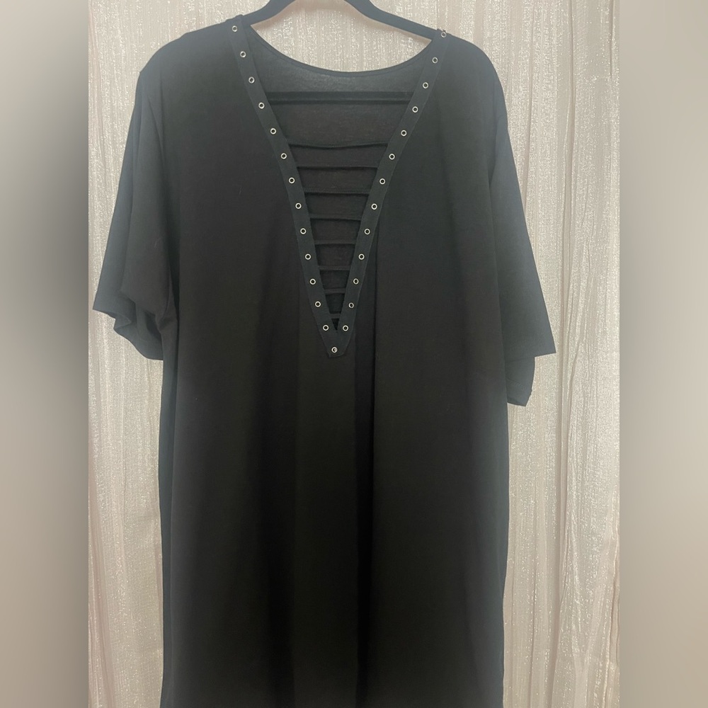 Amazon Black Short-Sleeve V-Neck Top with Ladder Strap Detail